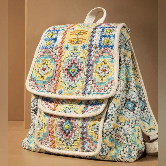 Boho Chic Backpack - Ethnic Inspired Pattern - Hand Beaded Accents - Fine Cotton - Picture 5 of 16